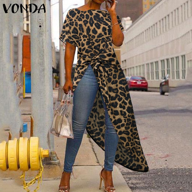 VONDA Women Asymmetrical Blouse Sexy Split Hem Striped Party Tops Long Ladies Office Shirts 2020 Women Tunic Plus Size Blusas