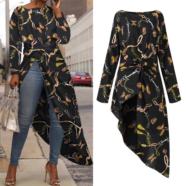 VONDA Women Asymmetrical Blouse Sexy Split Hem Striped Party Tops Long Ladies Office Shirts 2020 Women Tunic Plus Size Blusas