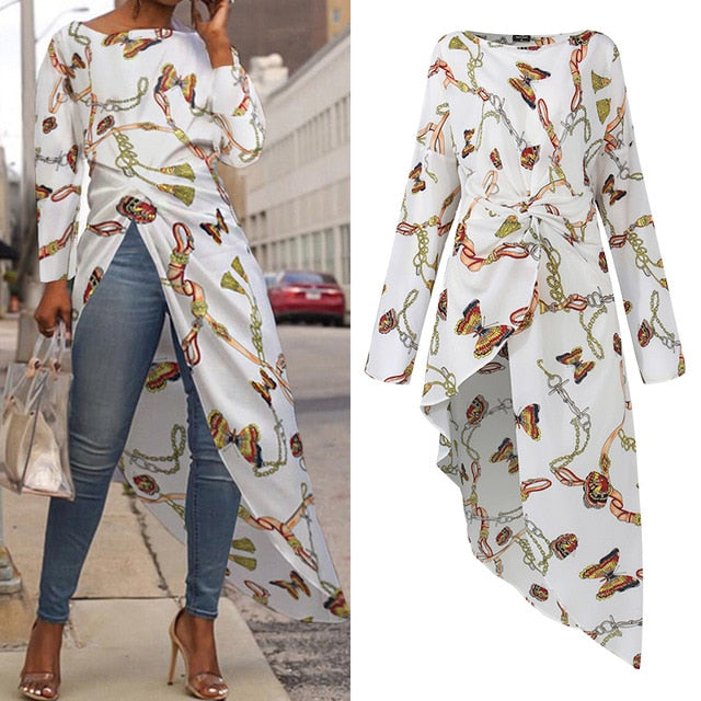 VONDA Women Asymmetrical Blouse Sexy Split Hem Striped Party Tops Long Ladies Office Shirts 2020 Women Tunic Plus Size Blusas