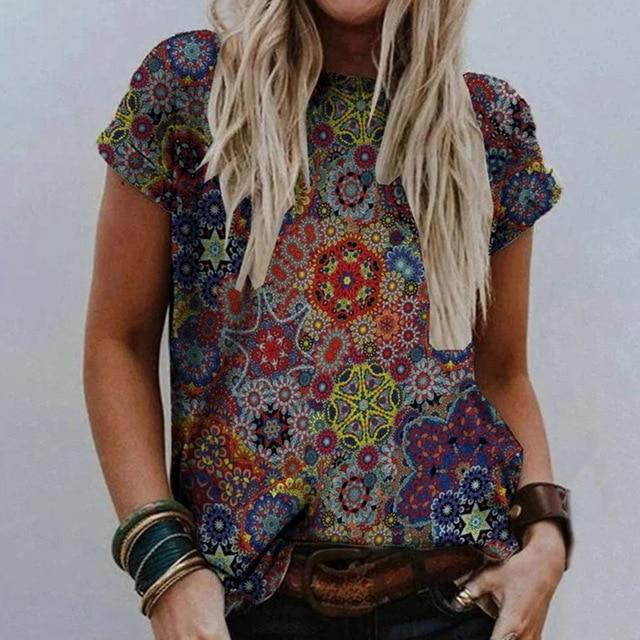 Summer Women Vintage Print Blouse Shirts 2020 Elegant O Neck Female Pullover Tops Casual Loose Short Sleeve Streetwear Blusa XXL