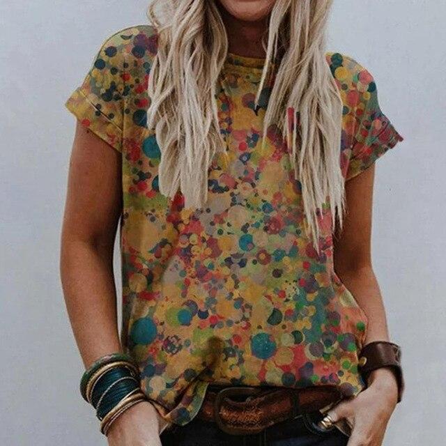 Summer Women Vintage Print Blouse Shirts 2020 Elegant O Neck Female Pullover Tops Casual Loose Short Sleeve Streetwear Blusa XXL