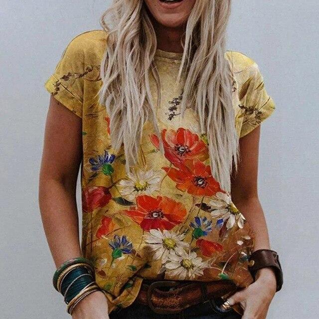 Summer Women Vintage Print Blouse Shirts 2020 Elegant O Neck Female Pullover Tops Casual Loose Short Sleeve Streetwear Blusa XXL