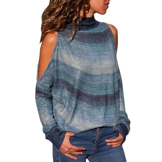 Womens Long Sleeve Shirts New 2019 Ladies Jumper Pullover Tops Striped Bare Shoulder Blouse Autumn Winter Elegant Woman Tops Hot