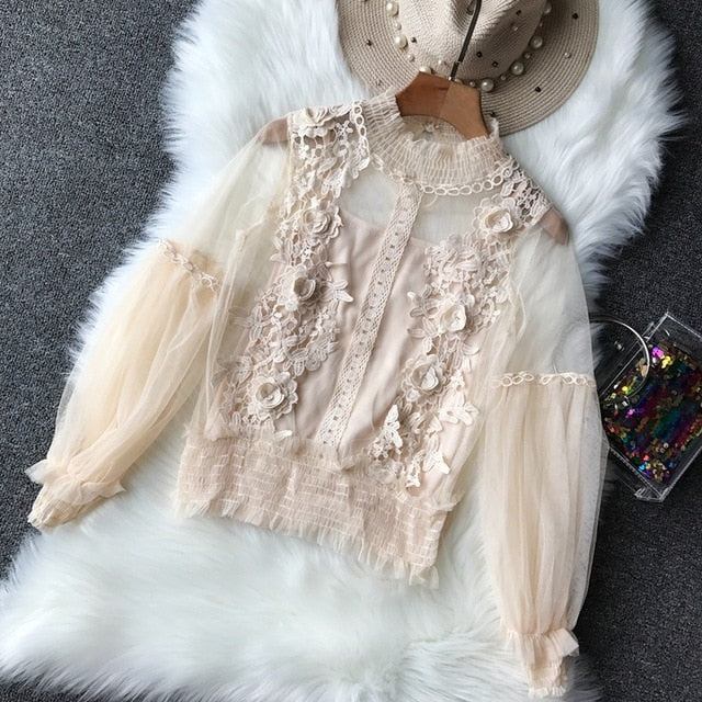 Spring Women Tops Fashion Sexy Sheer Lace Blouse Lantern Sleeve 3D Floral Blouses Shirts Elegant Top Blusas Femininas