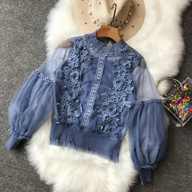 Spring Women Tops Fashion Sexy Sheer Lace Blouse Lantern Sleeve 3D Floral Blouses Shirts Elegant Top Blusas Femininas