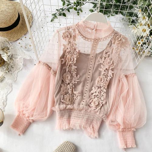 Spring Women Tops Fashion Sexy Sheer Lace Blouse Lantern Sleeve 3D Floral Blouses Shirts Elegant Top Blusas Femininas