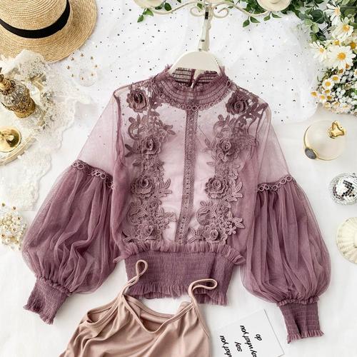 Spring Women Tops Fashion Sexy Sheer Lace Blouse Lantern Sleeve 3D Floral Blouses Shirts Elegant Top Blusas Femininas