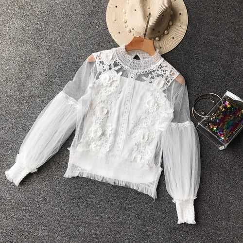 Spring Women Tops Fashion Sexy Sheer Lace Blouse Lantern Sleeve 3D Floral Blouses Shirts Elegant Top Blusas Femininas
