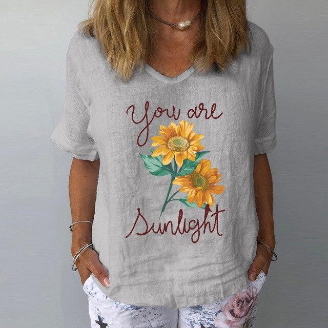 Elegant Floral Print Linen Cotton Blouse Shirt Women Summer V Neck Short Sleeve Tops New 3XL Ladies Casual Plus Size Blouses