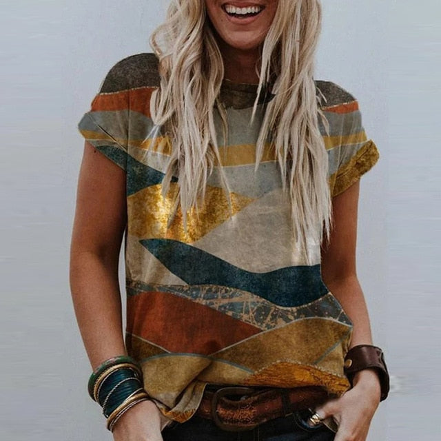 3XL Vintage Pattern Print Blouse Shirt Women 2020 Summer O Neck Short Sleeve Loose Tops Pullover Female Casual Streetwear Blusas