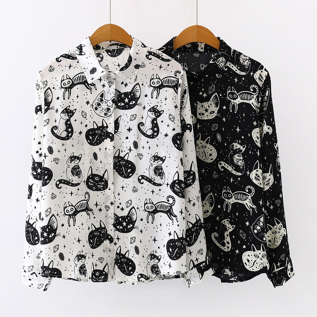 Autumn Spring Women Shirts Black White Cartoon Cat Print Blouses Fashion Slim Long Sleeve Chiffon Shirt Female Tops Blusas Mujer