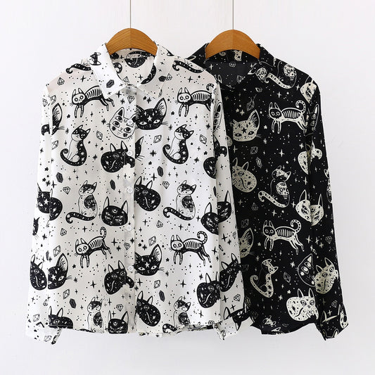 Autumn Spring Women Shirts Black White Cartoon Cat Print Blouses Fashion Slim Long Sleeve Chiffon Shirt Female Tops Blusas Mujer