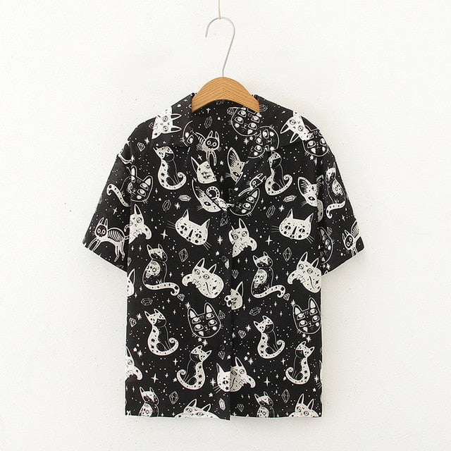 Autumn Spring Women Shirts Black White Cartoon Cat Print Blouses Fashion Slim Long Sleeve Chiffon Shirt Female Tops Blusas Mujer