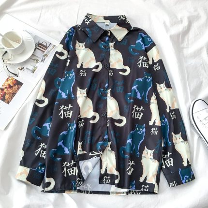 Autumn Spring Women Shirts Black White Cartoon Cat Print Blouses Fashion Slim Long Sleeve Chiffon Shirt Female Tops Blusas Mujer