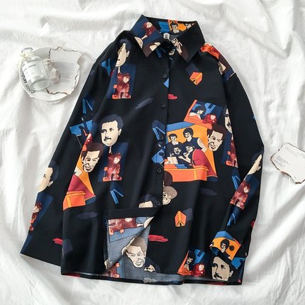 Autumn Spring Women Shirts Black White Cartoon Cat Print Blouses Fashion Slim Long Sleeve Chiffon Shirt Female Tops Blusas Mujer