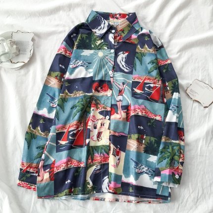 Autumn Spring Women Shirts Black White Cartoon Cat Print Blouses Fashion Slim Long Sleeve Chiffon Shirt Female Tops Blusas Mujer