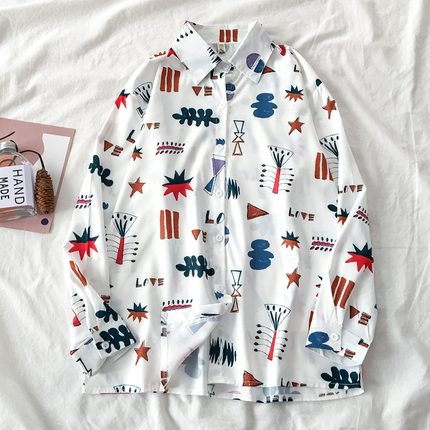 Autumn Spring Women Shirts Black White Cartoon Cat Print Blouses Fashion Slim Long Sleeve Chiffon Shirt Female Tops Blusas Mujer