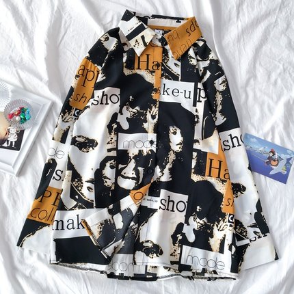 Autumn Spring Women Shirts Black White Cartoon Cat Print Blouses Fashion Slim Long Sleeve Chiffon Shirt Female Tops Blusas Mujer