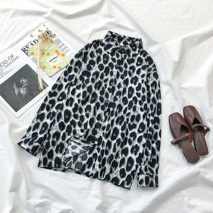 Autumn Spring Women Shirts Black White Cartoon Cat Print Blouses Fashion Slim Long Sleeve Chiffon Shirt Female Tops Blusas Mujer