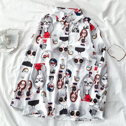 Autumn Spring Women Shirts Black White Cartoon Cat Print Blouses Fashion Slim Long Sleeve Chiffon Shirt Female Tops Blusas Mujer