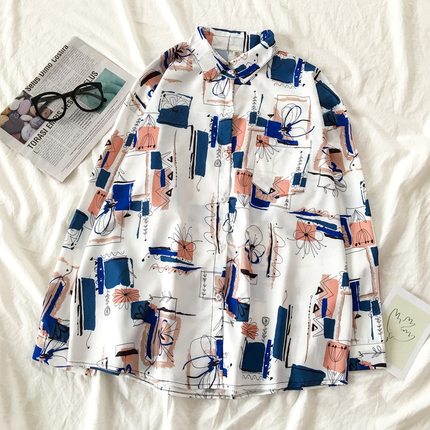 Autumn Spring Women Shirts Black White Cartoon Cat Print Blouses Fashion Slim Long Sleeve Chiffon Shirt Female Tops Blusas Mujer