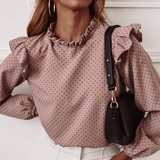 Ladies Polka Dot Print Ruffle Blouse Shirt 2020 Autumn Winter Long Sleeve V-Neck Shirts Tops Elegant Office Women Button Blusas
