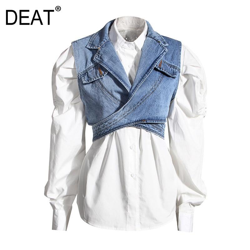 DEAT Women Blue Denim Single Breasted New Lapel Long Puff Sleeve Shirt Fashion Tide Autumn Two Pieces Top 2020 1Z595
