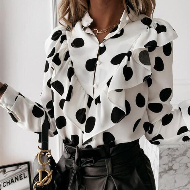 Casual Solid Color Button Ladies Office Top Stand Long Sleeve Ruffle Blouse Shirt 2020 Autumn Women Dots White Black Shirt Blusa
