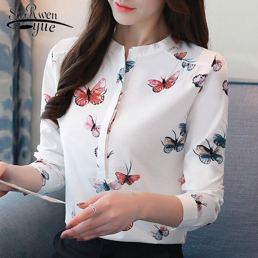 Long Sleeve Women Shirts Plus Size White Blouse Print Women Blouse Shirt Fashion Womens Blouses and Tops Office Blouse 1042 40