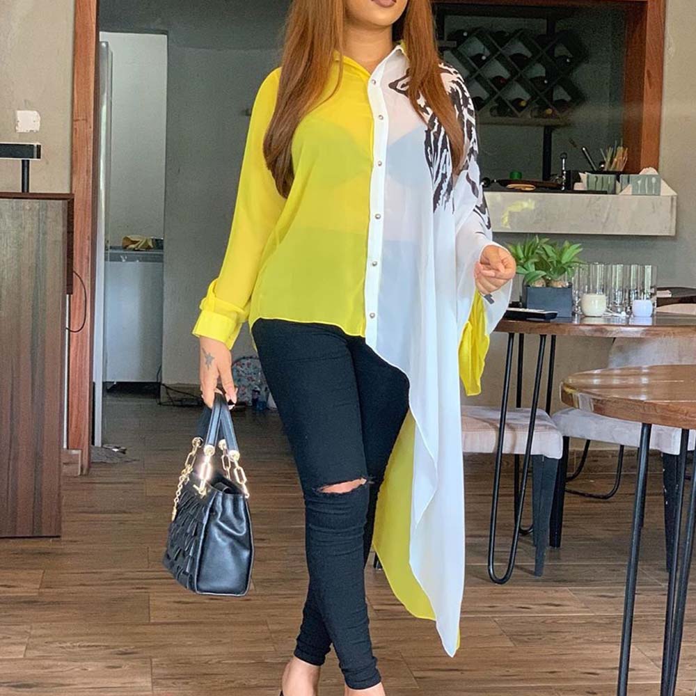 Plus Size 3xl Color Block Yellow Asymmetrical Long Sleeve Blouse Shirt Women Afircan Office Ladies Casual 2020 Fall Autumn Tops