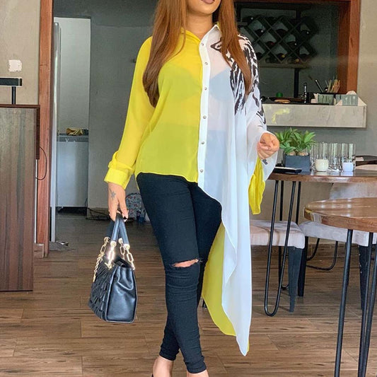 Plus Size 3xl Color Block Yellow Asymmetrical Long Sleeve Blouse Shirt Women Afircan Office Ladies Casual 2020 Fall Autumn Tops