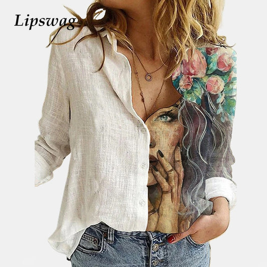 Casual Cute Cats Print Autumn Blouse Shirts Women Vintage Button Turn-Down Collar Tops Office Lady Elegant Long Sleeve Blusa 5XL