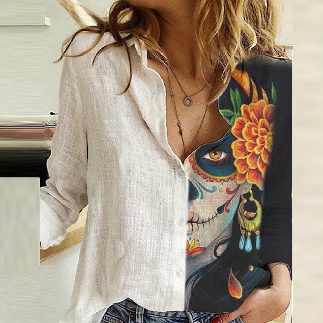 Casual Cute Cats Print Autumn Blouse Shirts Women Vintage Button Turn-Down Collar Tops Office Lady Elegant Long Sleeve Blusa 5XL