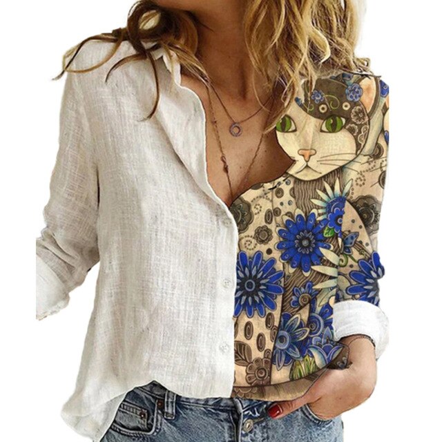 Casual Cute Cats Print Autumn Blouse Shirts Women Vintage Button Turn-Down Collar Tops Office Lady Elegant Long Sleeve Blusa 5XL