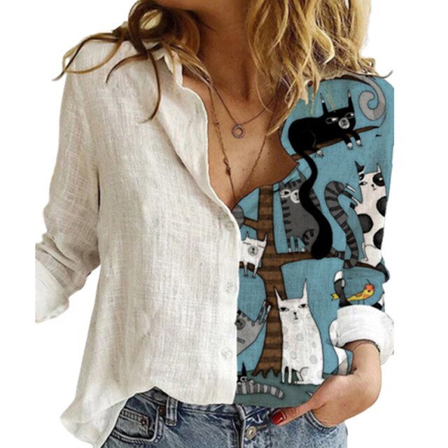 Casual Cute Cats Print Autumn Blouse Shirts Women Vintage Button Turn-Down Collar Tops Office Lady Elegant Long Sleeve Blusa 5XL