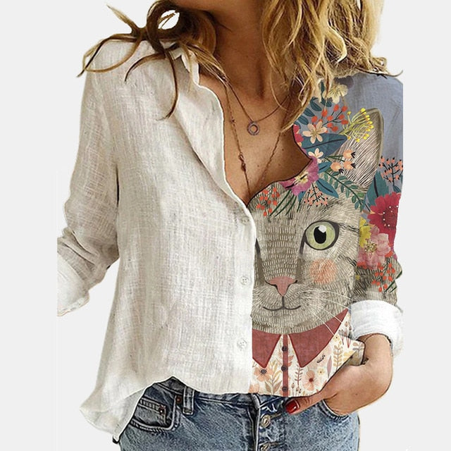 Casual Cute Cats Print Autumn Blouse Shirts Women Vintage Button Turn-Down Collar Tops Office Lady Elegant Long Sleeve Blusa 5XL