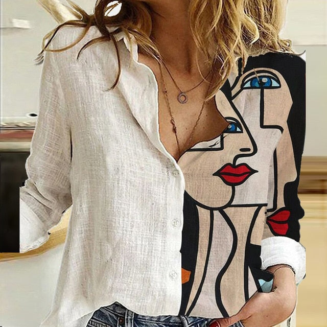 Casual Cute Cats Print Autumn Blouse Shirts Women Vintage Button Turn-Down Collar Tops Office Lady Elegant Long Sleeve Blusa 5XL