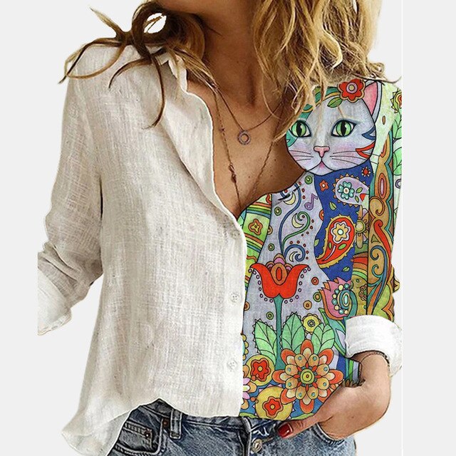 Casual Cute Cats Print Autumn Blouse Shirts Women Vintage Button Turn-Down Collar Tops Office Lady Elegant Long Sleeve Blusa 5XL