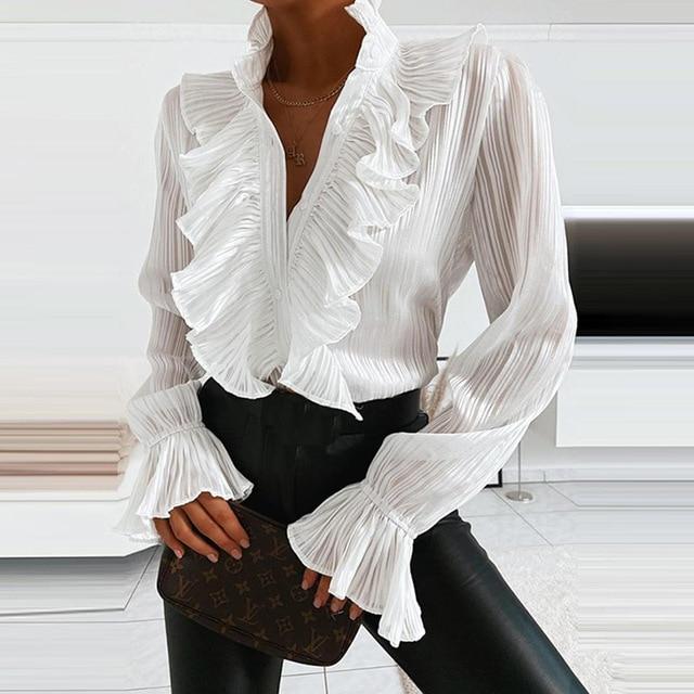 Retro Polka Dot Print Ruffled V-Neck Blouse Shirts Women Elegant Autumn Long Sleeve Tops Casual Office Lady Button Blouses Blusa