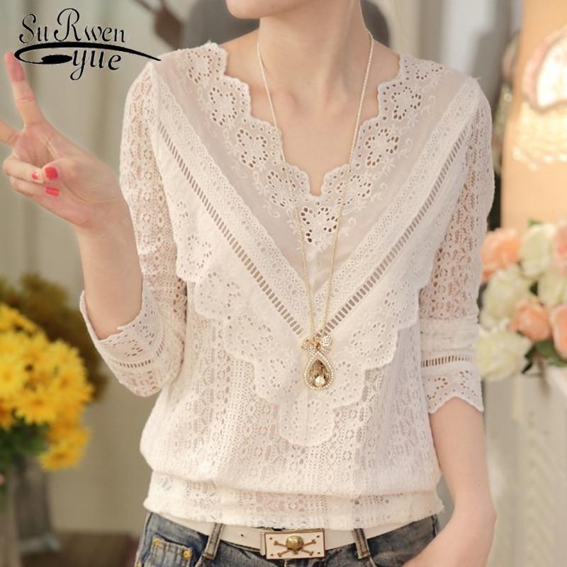 2020 New Arrival Hot Sale Spring and  Autumn Korean Fashion Women Blouse V Neck Long Sleeve Slim  Lace Female Shirt  63C 30