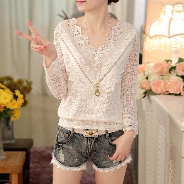 2020 New Arrival Hot Sale Spring and  Autumn Korean Fashion Women Blouse V Neck Long Sleeve Slim  Lace Female Shirt  63C 30