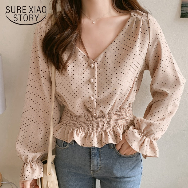 Vintage V-neck Flare Sleeve Polka Dot Women Blouse Shirts Elegant Front Buttons Slim Waist Ruffles Female Blouse blusas 6602 50