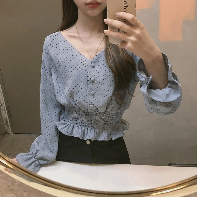 Vintage V-neck Flare Sleeve Polka Dot Women Blouse Shirts Elegant Front Buttons Slim Waist Ruffles Female Blouse blusas 6602 50