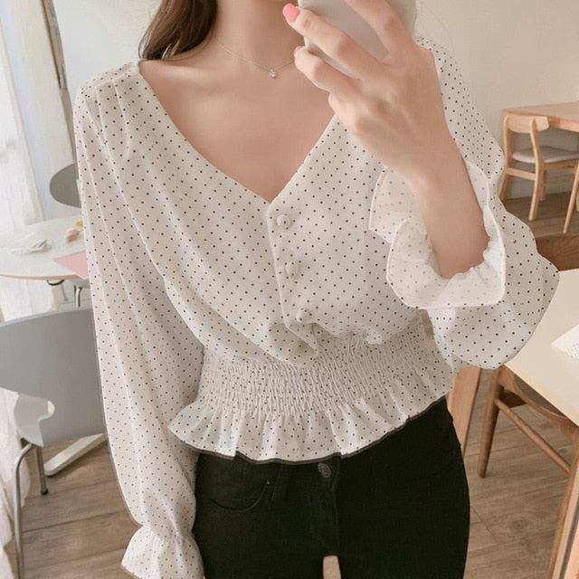 Vintage V-neck Flare Sleeve Polka Dot Women Blouse Shirts Elegant Front Buttons Slim Waist Ruffles Female Blouse blusas 6602 50