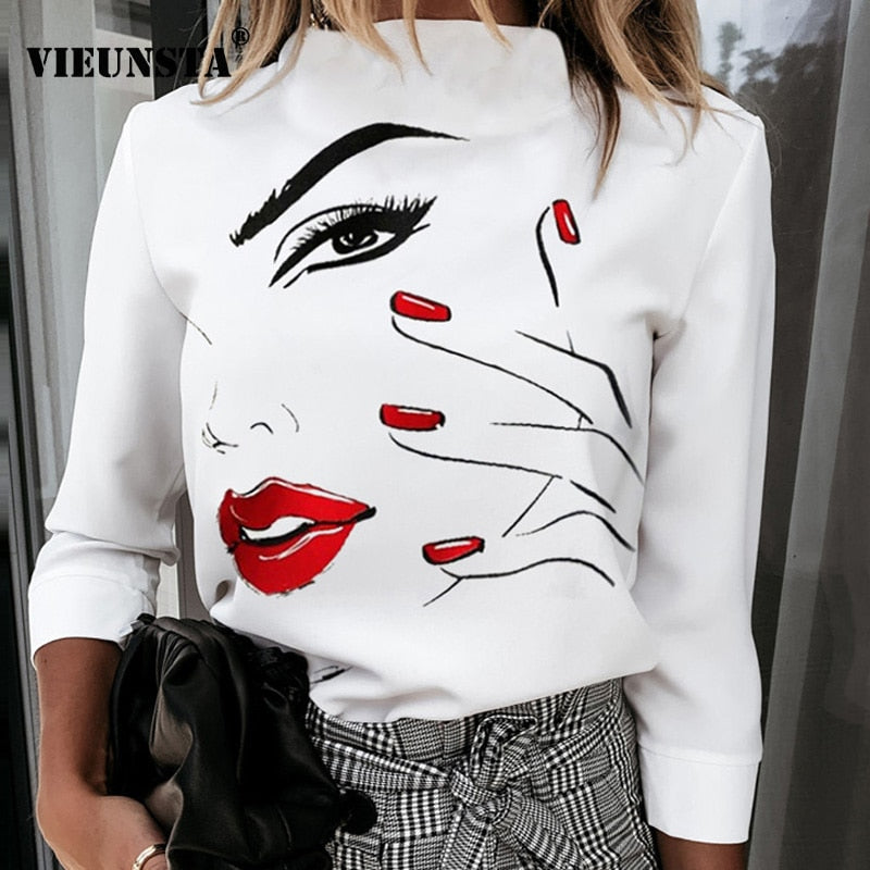 Elegant Lips Eyes Print Blouse Shirts Women O Neck Long Sleeve Office Tops 2020 Autumn Casual Streetwear Shirt Pullover Feminine