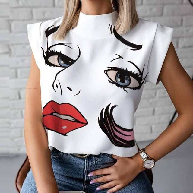 Elegant Lips Eyes Print Blouse Shirts Women O Neck Long Sleeve Office Tops 2020 Autumn Casual Streetwear Shirt Pullover Feminine