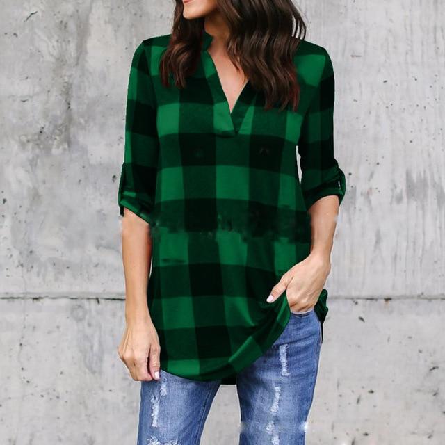 Big Yard Sping Autumn Plaid Printed Tops Women Sexy Casual Loose Blouses Large Size Female Outerwear Ladies Shirt