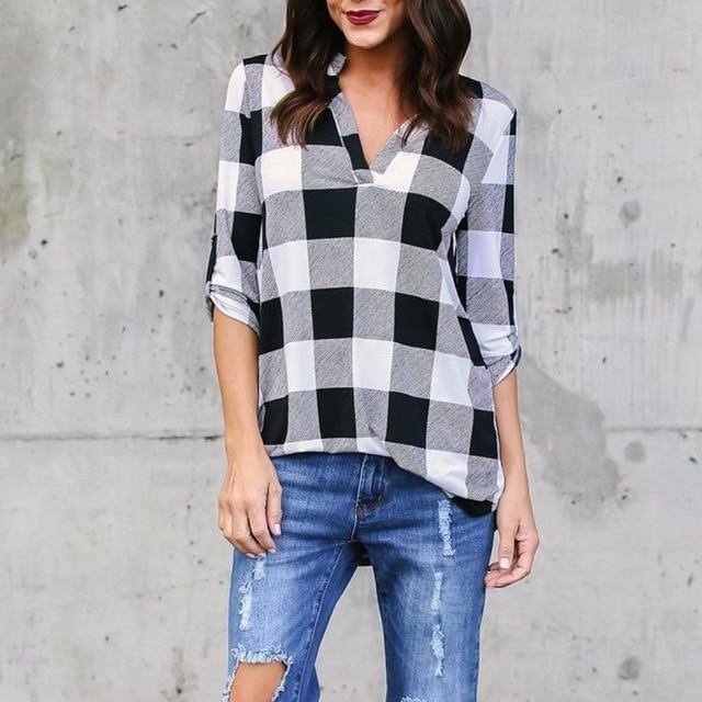 Big Yard Sping Autumn Plaid Printed Tops Women Sexy Casual Loose Blouses Large Size Female Outerwear Ladies Shirt