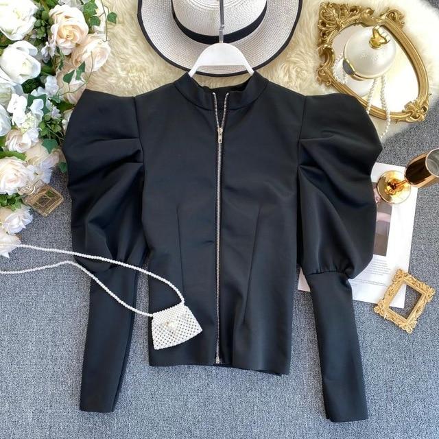 Women's Retro Top Puff Sleeve Temperament Stand Collar Zipper Before After Wearing Fashionable Wild Spring Autumn Blouse ML638
