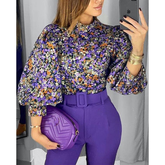 2020 New Fashion Vintage Women Blouse Floral Lantern Sleeve Top